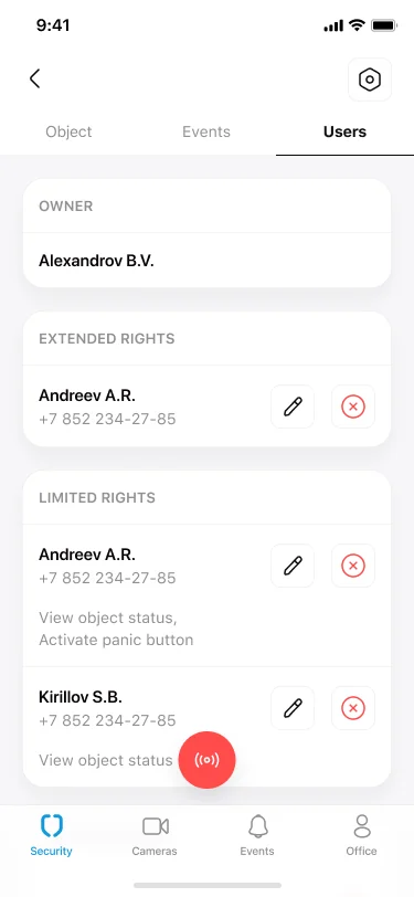 Grom Security multi-user permission model — owner, family, employee and guest roles scoped per zone