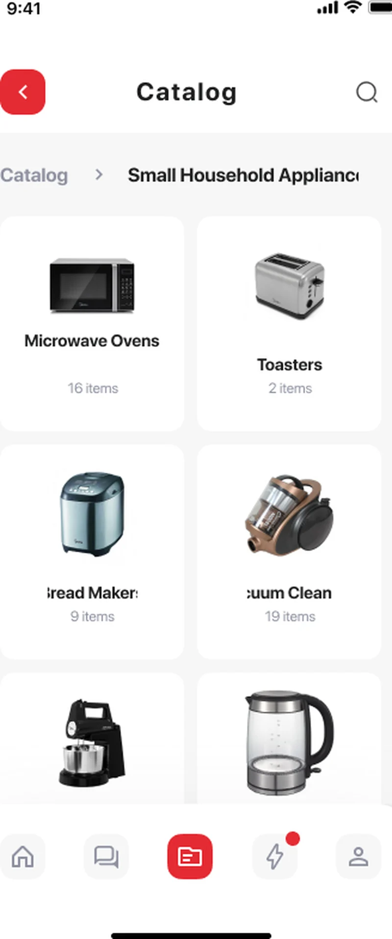 Appliance retail app product catalog — categories with live item counts and search across US and EU stores