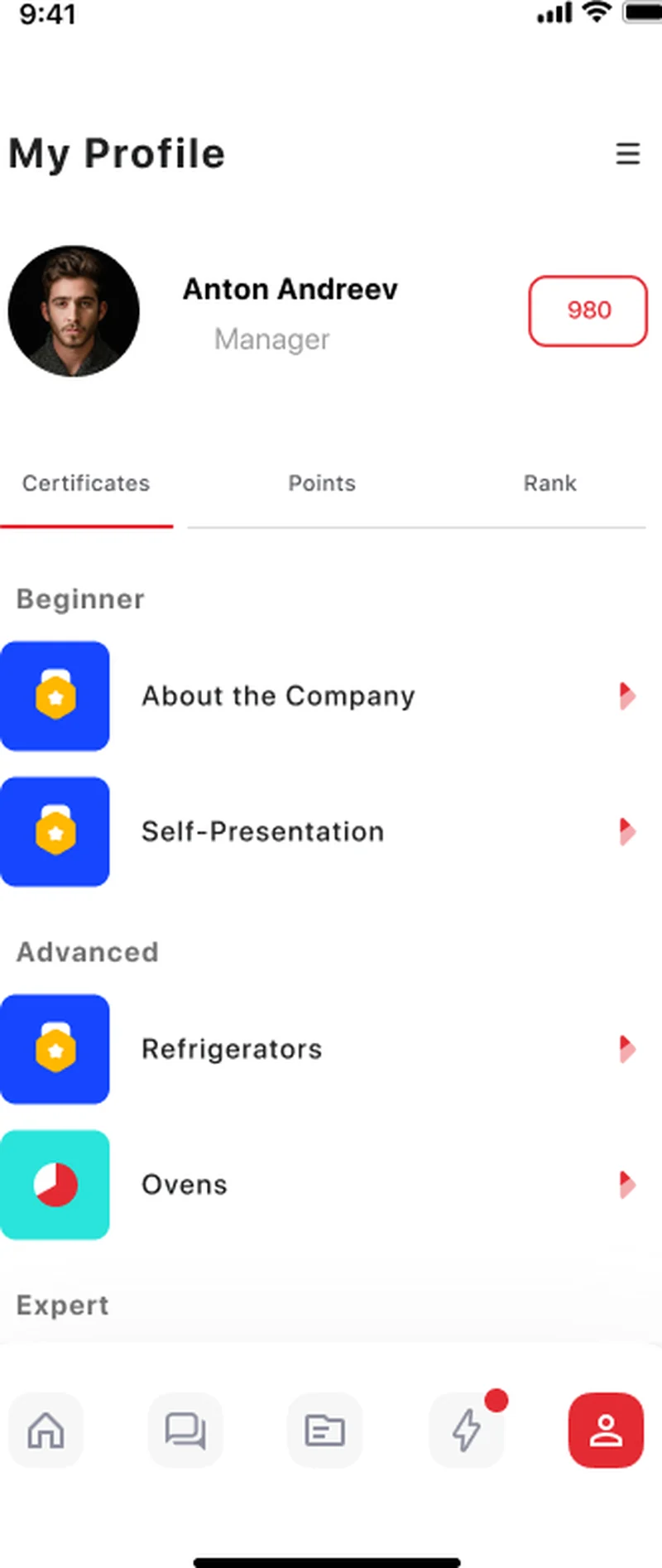 Employee profile in the retail app — certificates, points, and rank tabs, built with Kotlin for Android