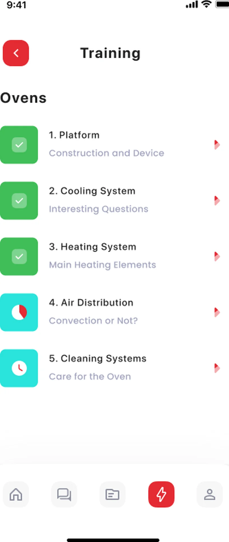 Retail training app lesson list — modules with progress indicators and points, built in Swift for iOS