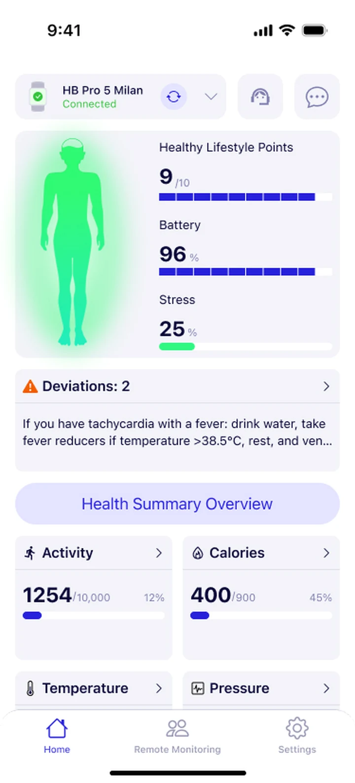 Healthband overview screen — heart rate with trend, SpO2, steps and blood pressure read from a smart watch over BLE