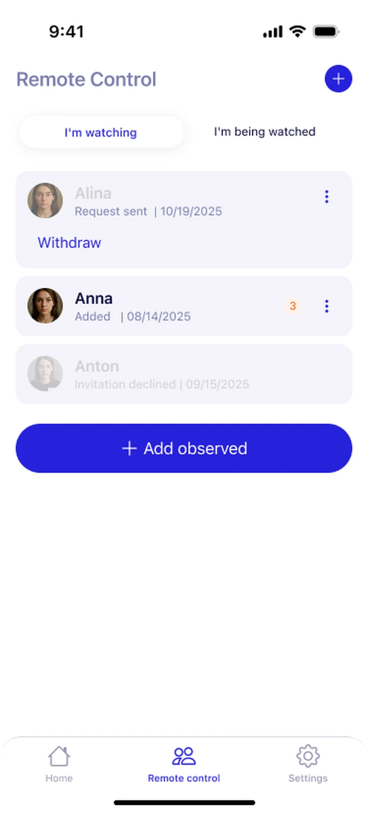 Monitored people screen — a list of observed users with heart rate and SpO2 and a normal or attention status for each