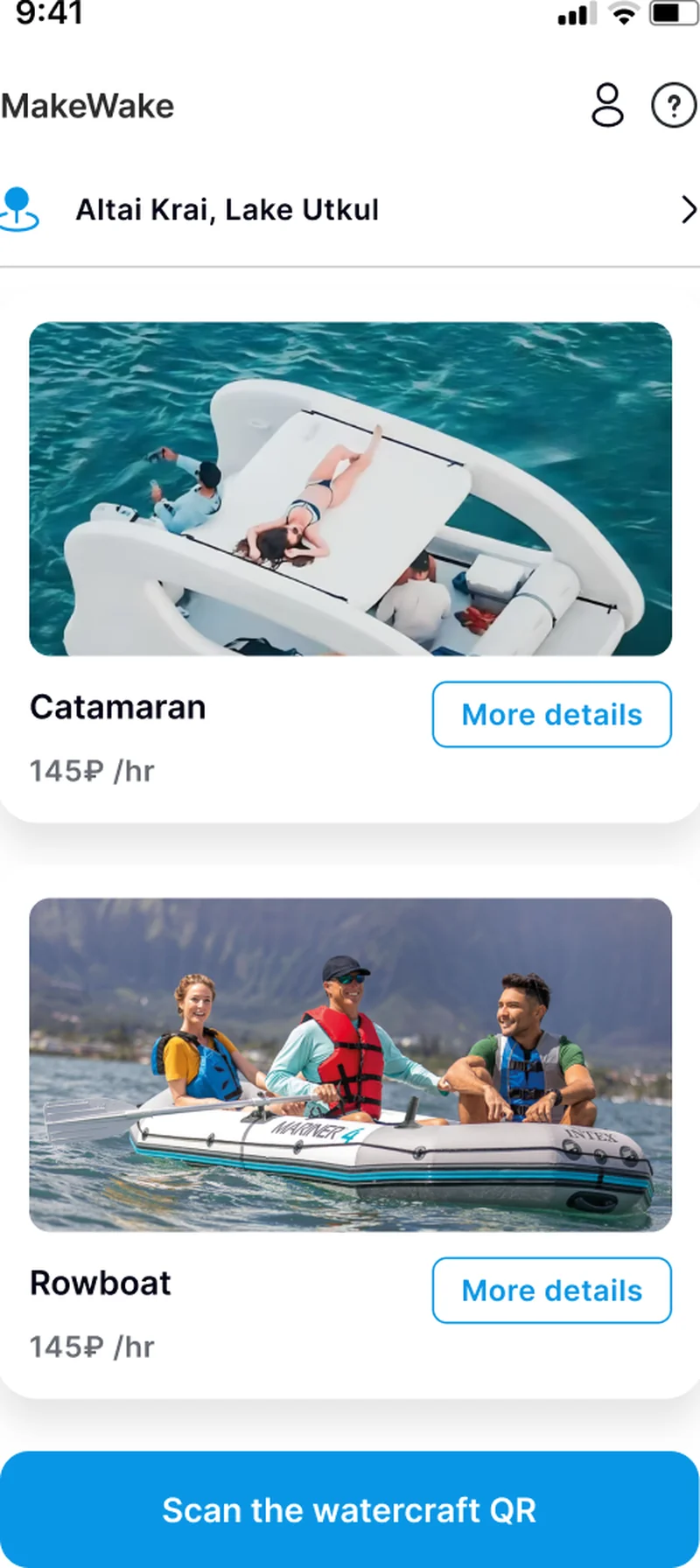 MakeWake geolocated fleet catalog — active trip timer, running trip cost, catamaran and rowboat cards