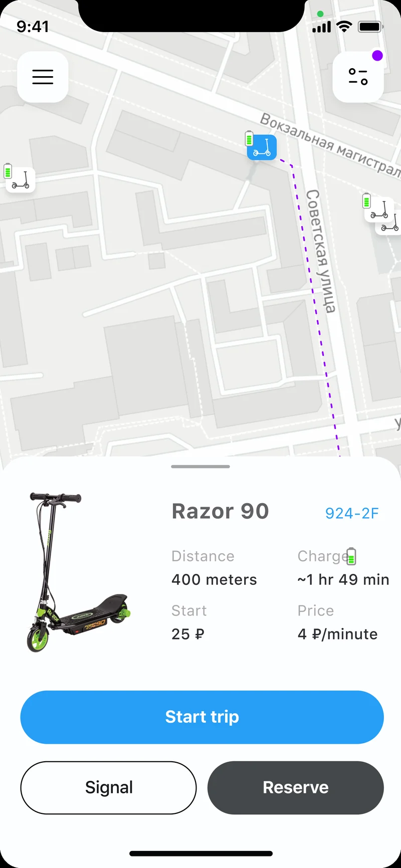 E-scooter sharing live GPS map — available scooters with battery levels and QR scan-to-ride entry point