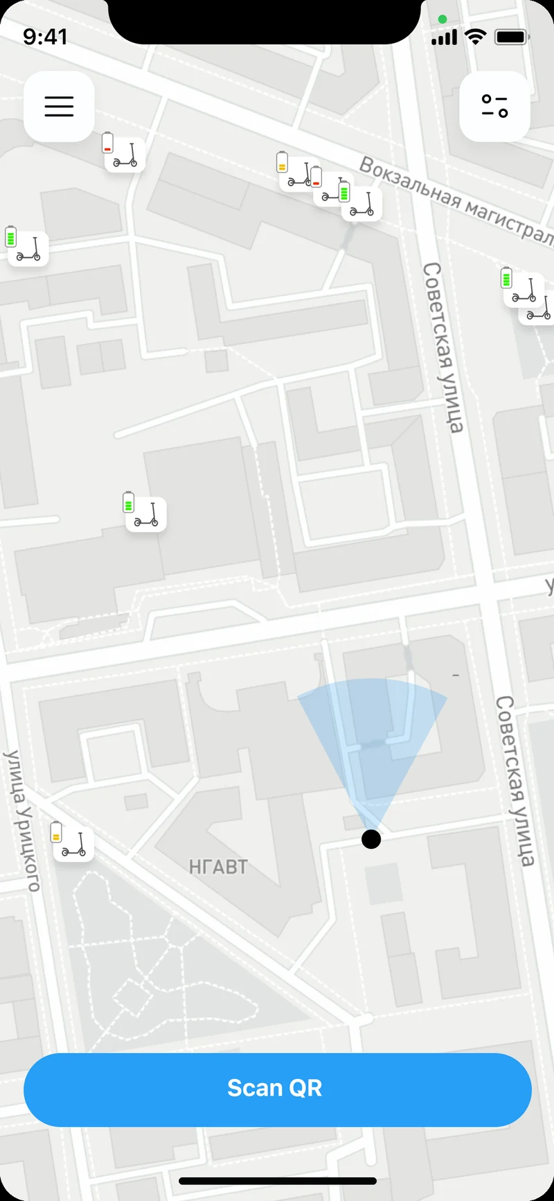 E-scooter QR unlock flow — scan to start ride with battery, range, and per-minute pricing on iOS