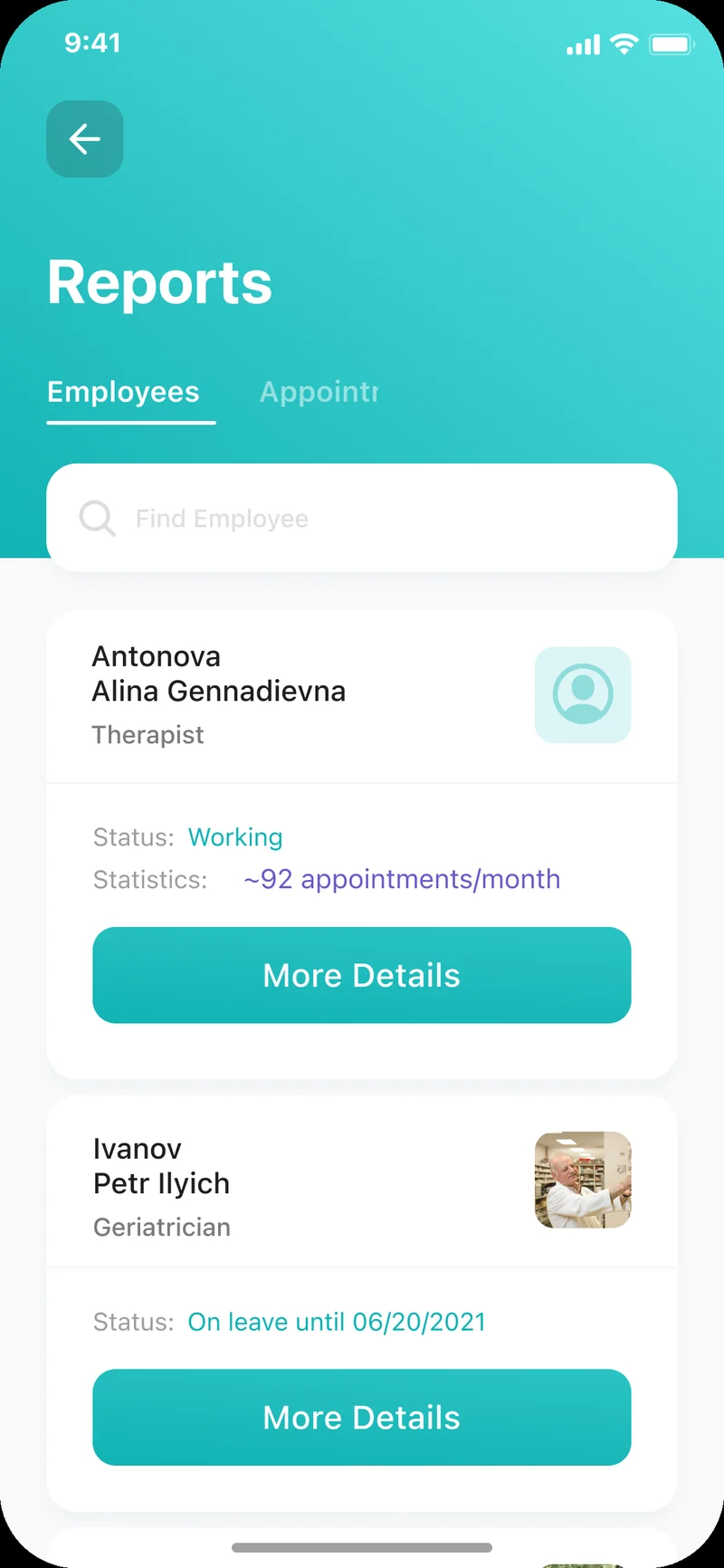 Staff Android client — employee directory with status, monthly appointment statistics, and patient reports