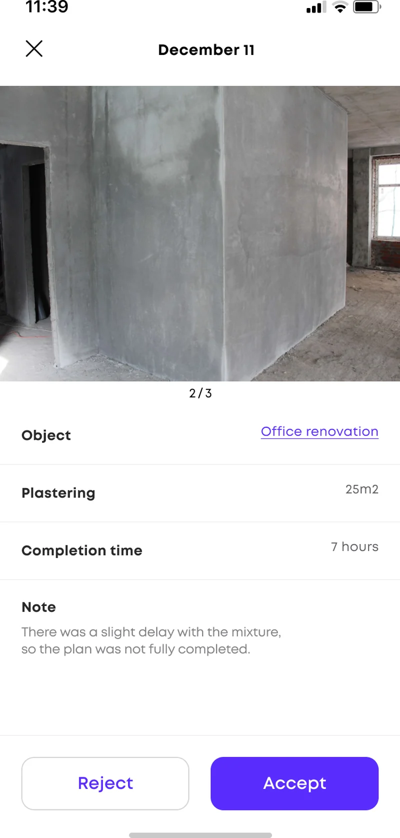 Construction app work-acceptance screen — site photo, object, area covered, time spent, and accept or reject actions