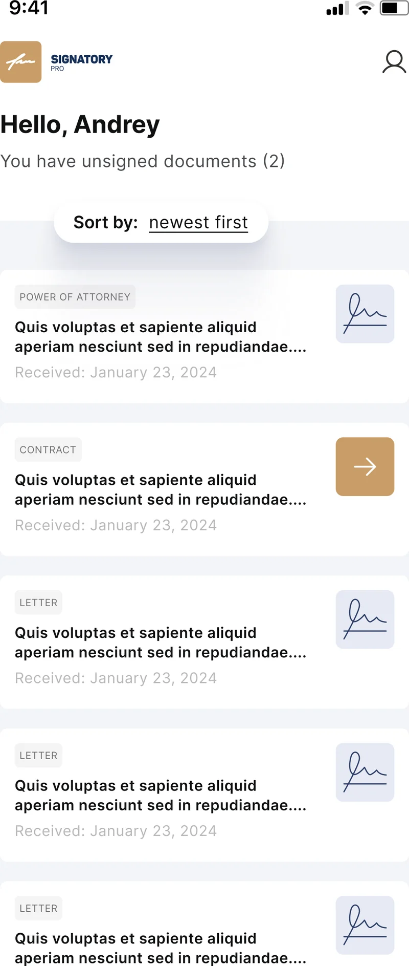 Signatory Pro document feed — client view of unsigned contracts with sort and filter controls on iOS