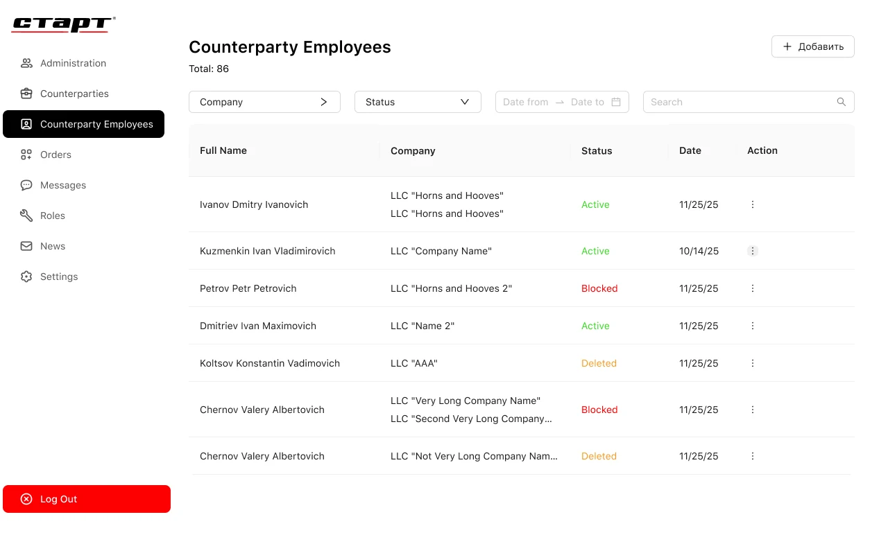 Counterparty employees table in the StartApp admin console with company and status filters