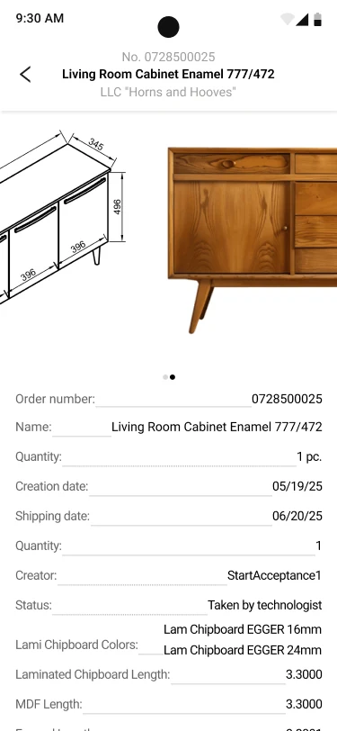 Order detail screen — product drawing and photo, order number, dates, creator, status and production parameters