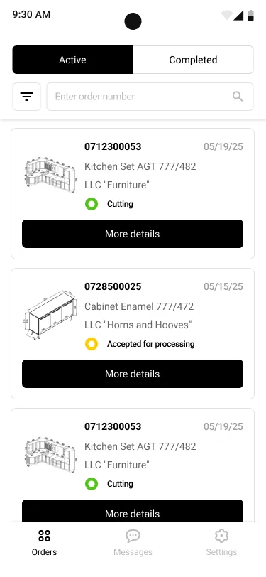 Order list in the StartApp mobile app — active and completed tabs, order cards with status chips and a bottom navigation