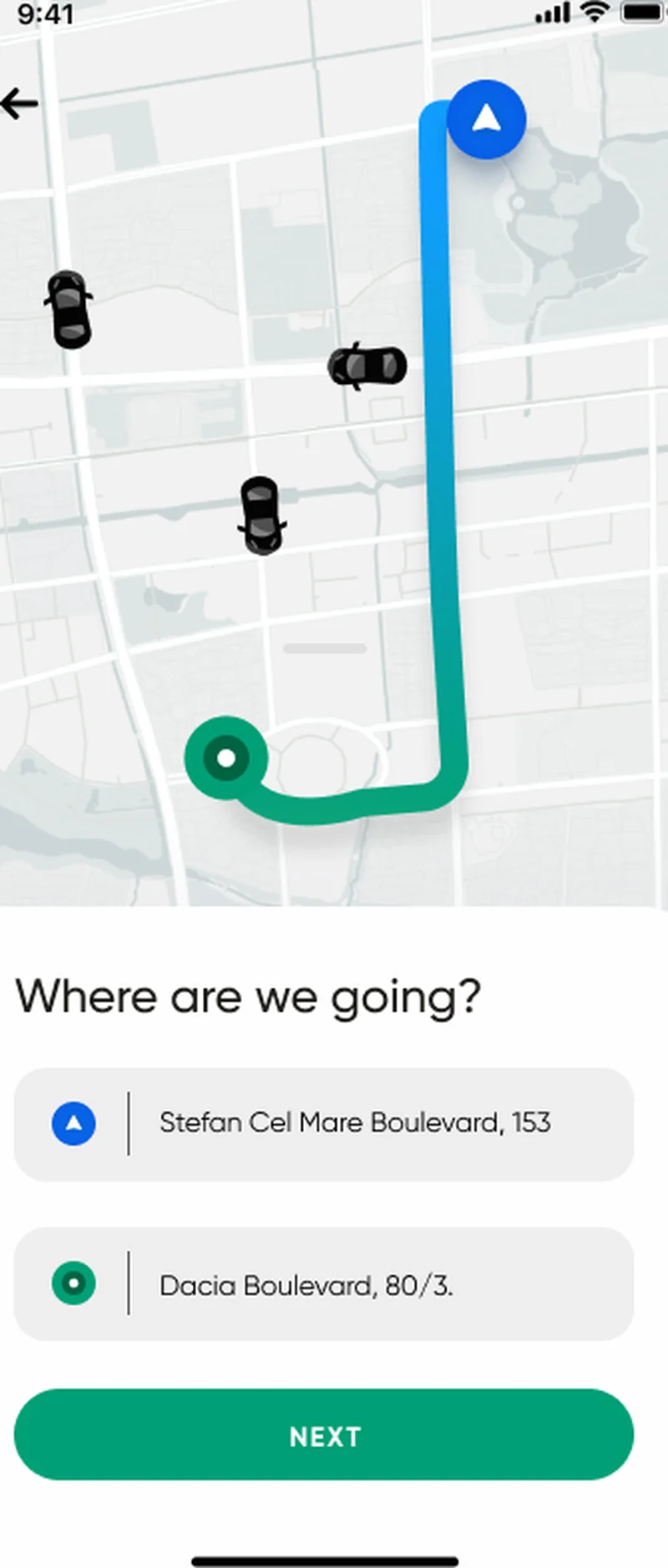 Taxi aggregator dispatcher view — live city map with vehicle fleet positions and pickup address