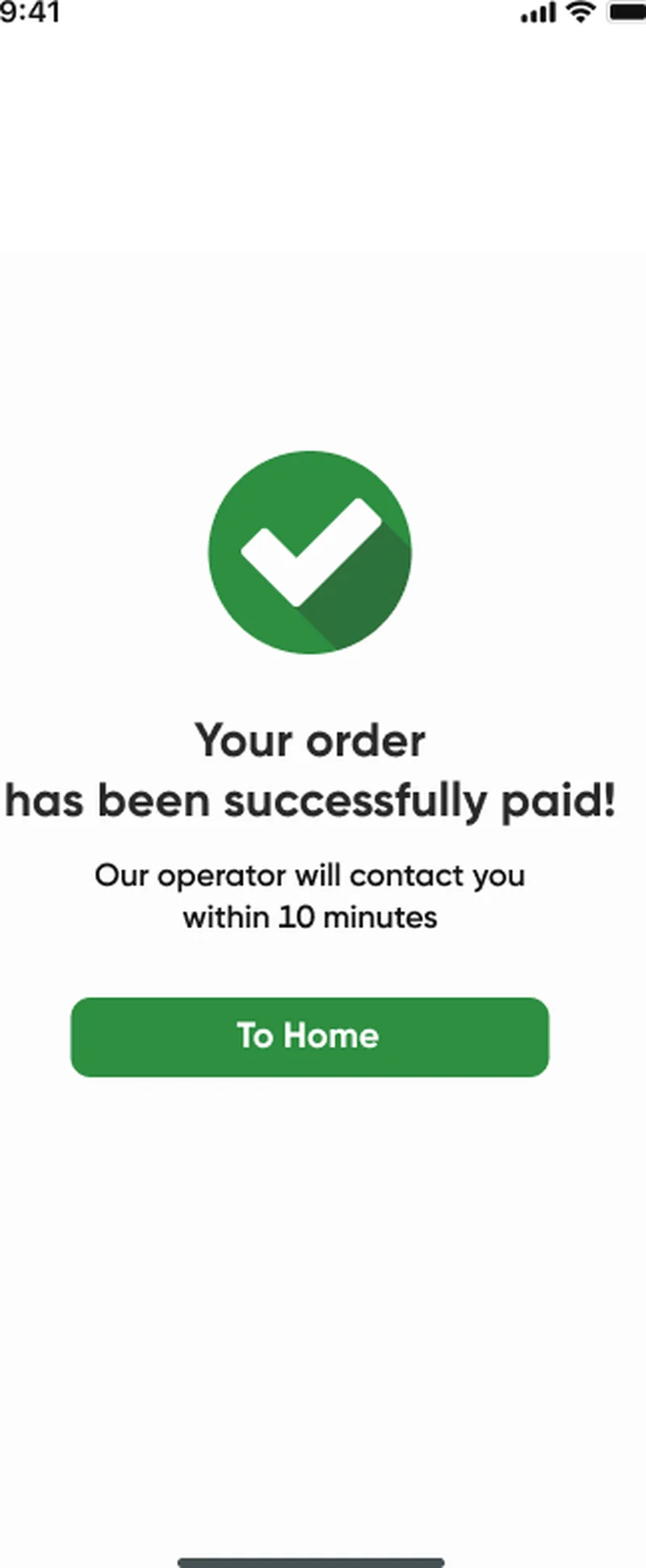 Vilka-Lozhka payment confirmation — order successfully paid screen with operator-callback messaging and PCI-DSS-aligned token handling