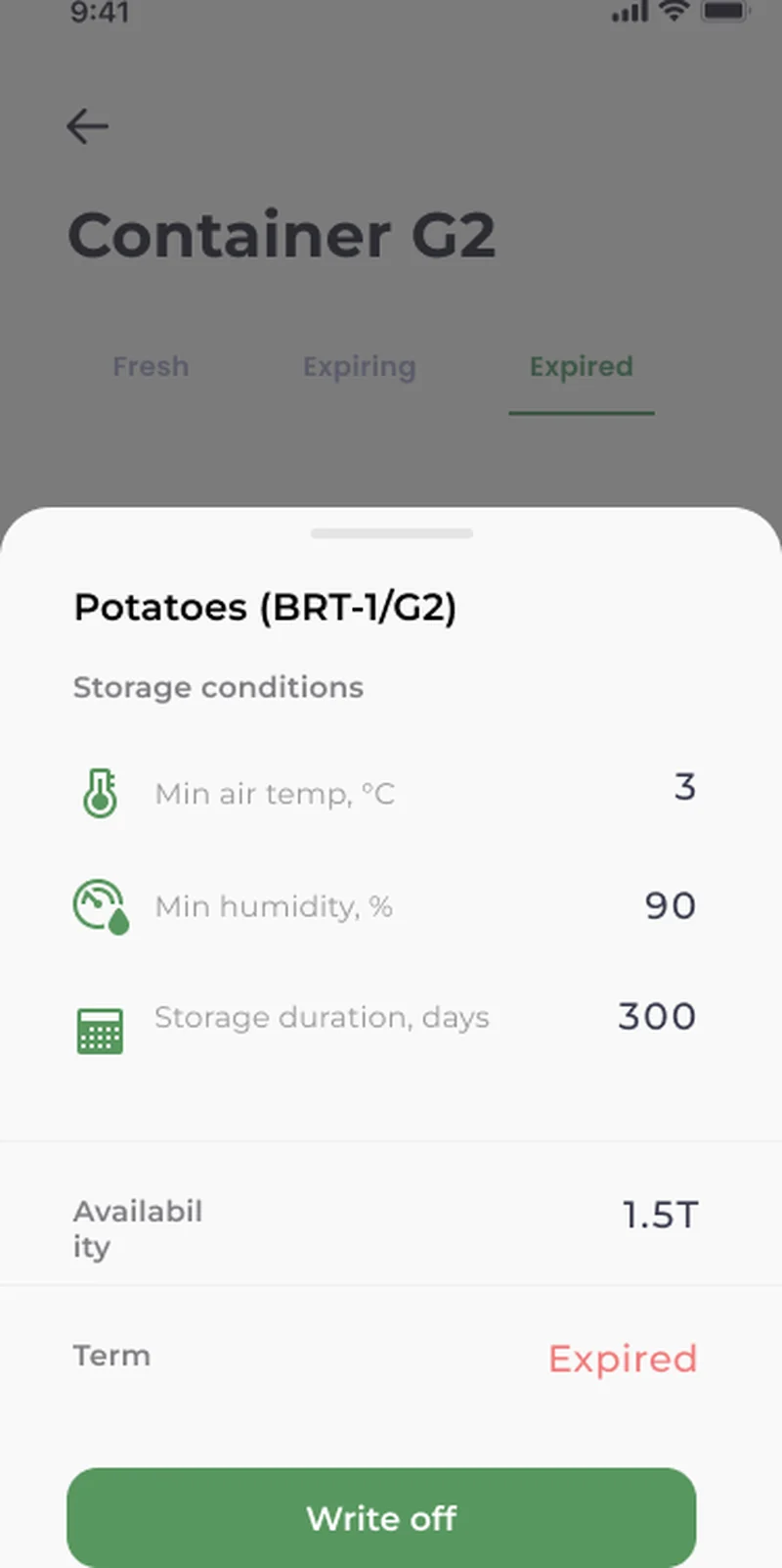 Warehouse iOS operator scanner — container contents list with fresh, expiring, and expired tabs