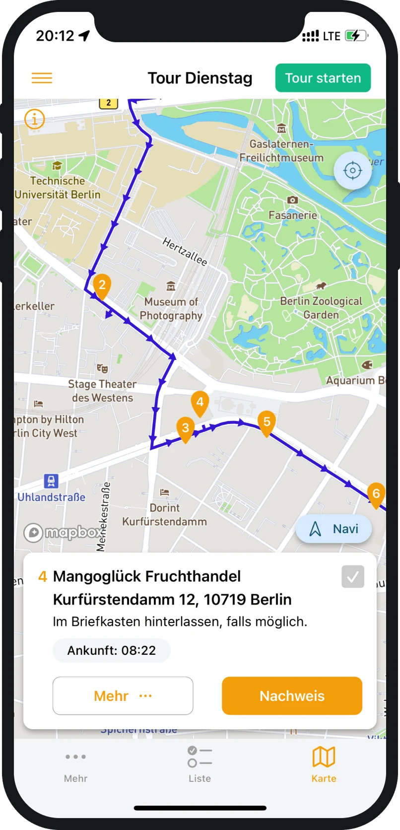 xRouten multi-point route map — optimised stop sequence across a German city on Android