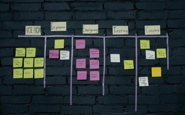 Kanban board with sticky notes representing iterative time-and-materials delivery