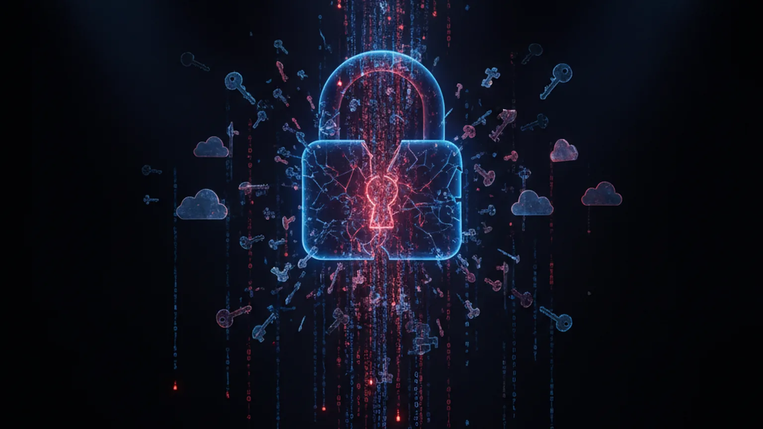 A broken glowing padlock over columns of source code, with digital keys and cloud icons streaming out into darkness, illustrating leaked source code and cloud credentials