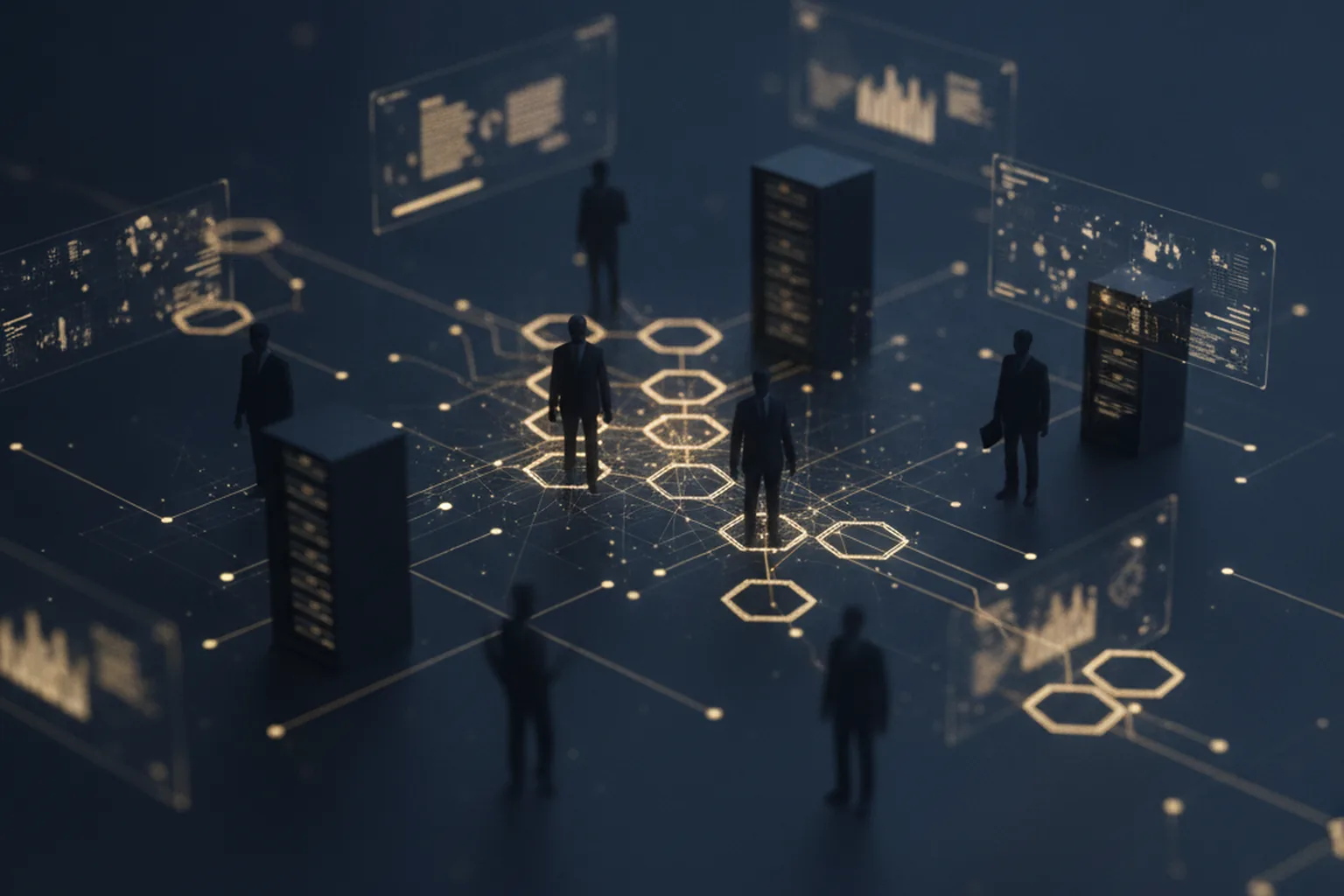 Abstract dark navy visualization of engineers embedded inside a large enterprise system, connected by gold data lines and hexagonal AI agent nodes, representing forward-deployed agentic AI delivery