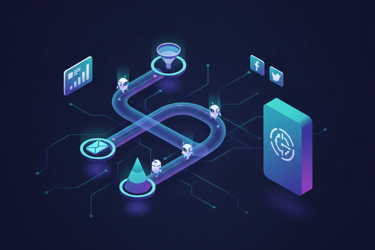 Isometric illustration of an automated marketing workflow: a glowing pipeline of connected campaign nodes and small autonomous agent icons routing tasks between an analytics dashboard, a funnel, email and social panels, flowing into a larger enterprise platform block on the right, on a dark navy background