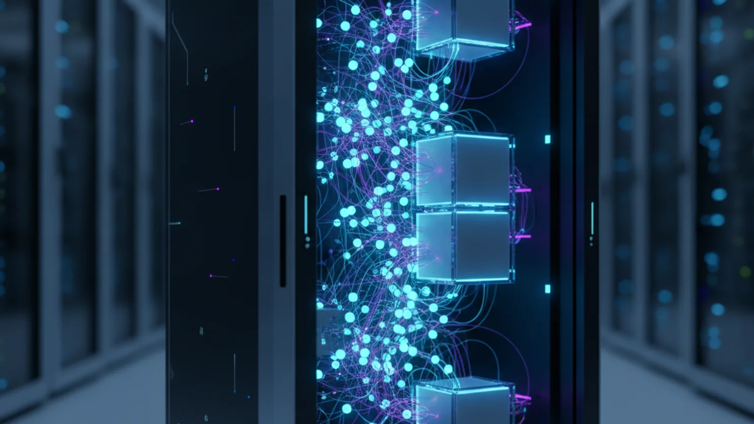 Abstract visualization of autonomous software agent nodes orchestrated inside a cloud data center with glowing interconnected network lines and isolated compute cells on a deep navy background