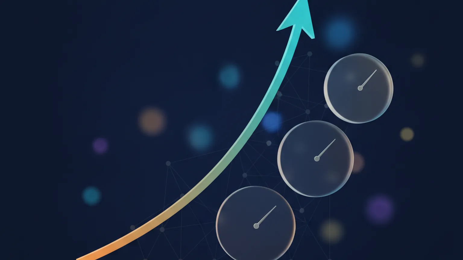 Abstract illustration of a steep upward cost curve rising past a row of gauge dials on a deep navy background, representing surging agentic AI spend