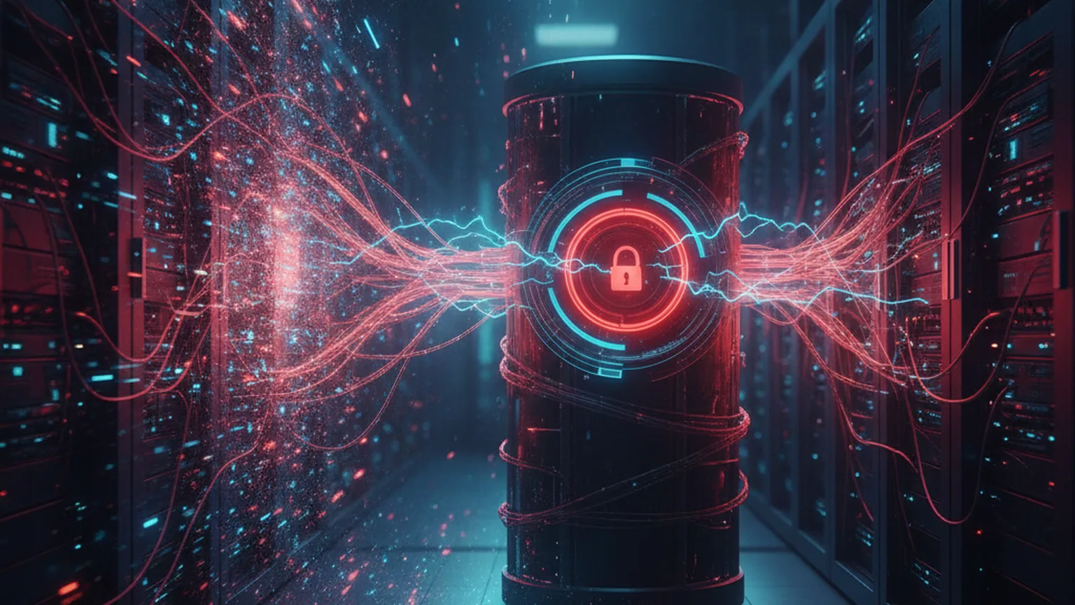 A locked database cylinder surrounded by glowing red neural tendrils reaching into rows of server racks, illustrating an AI agent encrypting a production database