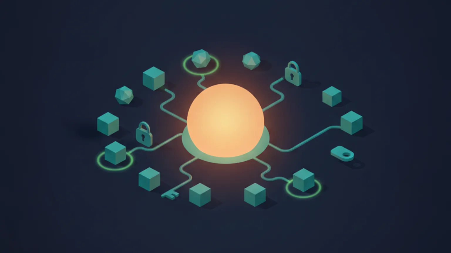 Abstract isometric illustration of a glowing central identity control-plane hub linked by teal cables to nodes, service-account cubes, padlocks and a key, with some nodes ringed in green to signal verified access