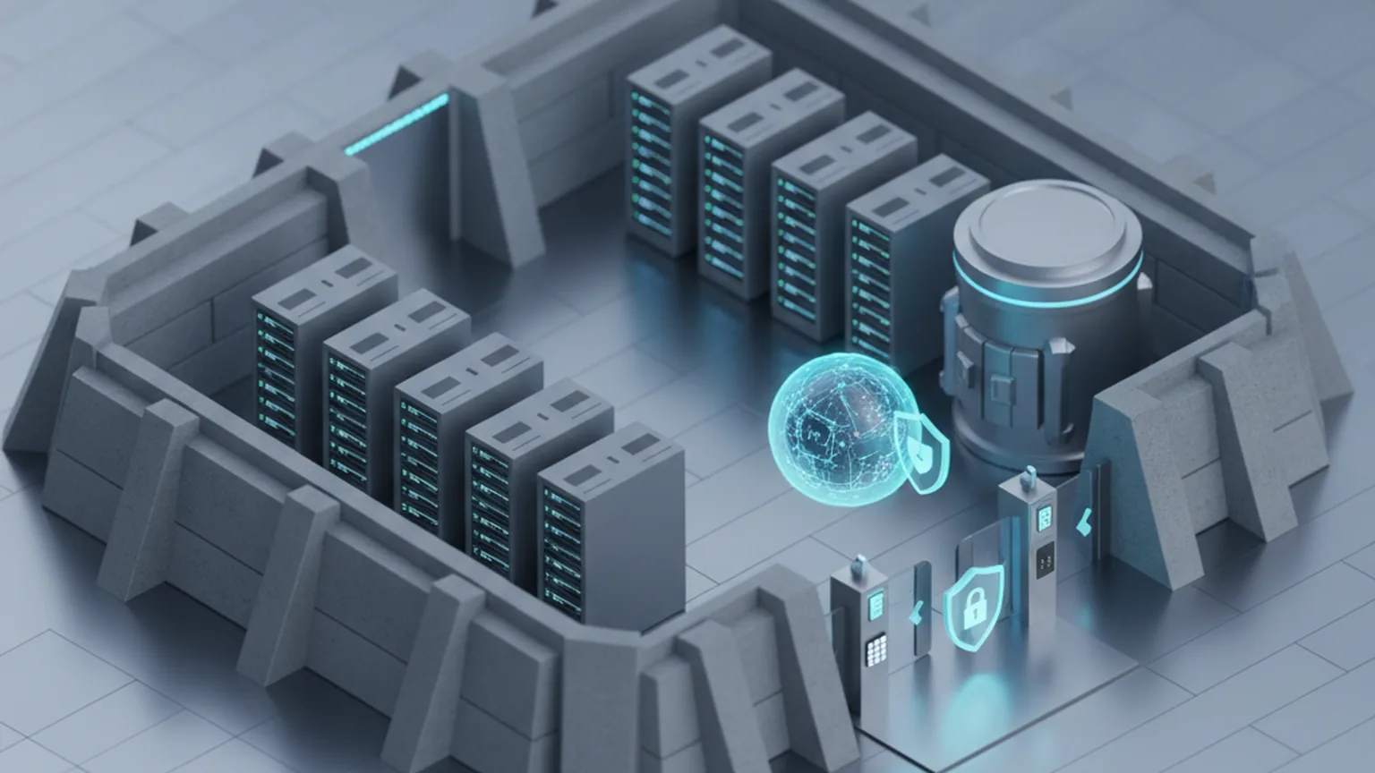 Isometric illustration of a fortified isolated government cloud region with rows of server racks behind a perimeter wall, an AI agent node passing a security checkpoint with a shield and padlock, and a sealed data vault