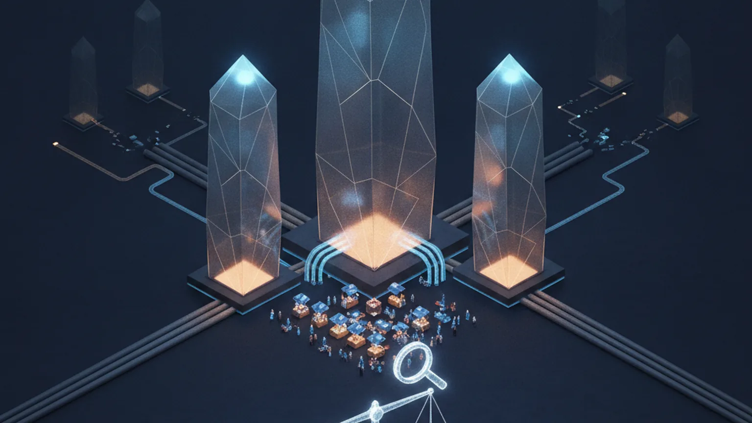 Isometric illustration of three dominant glowing crystal towers over a small marketplace of tiny figures, with a balance scale and magnifier, representing antitrust scrutiny of a concentrated AI agent market, on a deep navy background