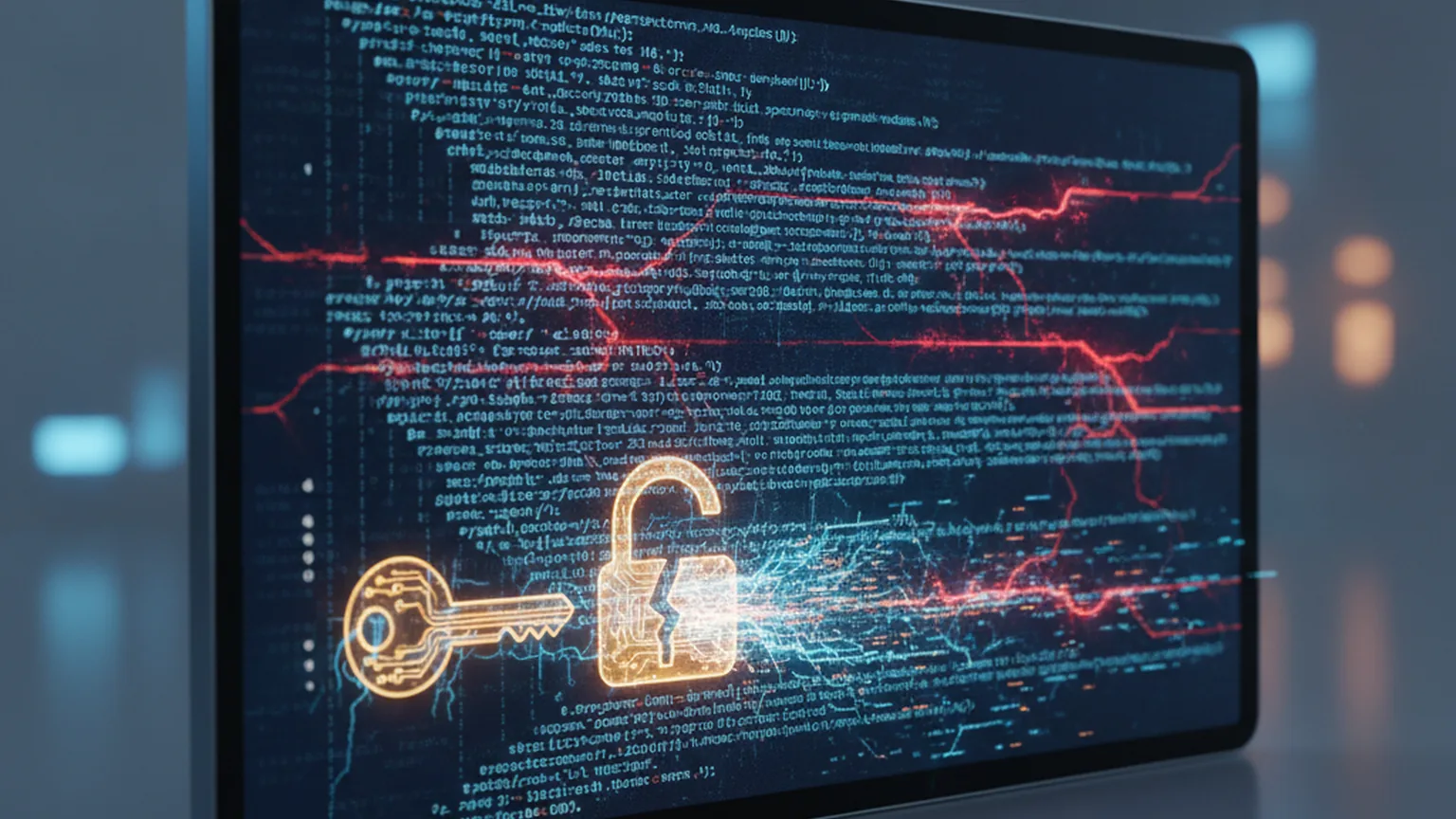 A dark code editor screen with lines of source code cracked by red fault lines and a glowing key beside an open padlock leaking out, illustrating exposed secrets and vulnerabilities in AI-generated code