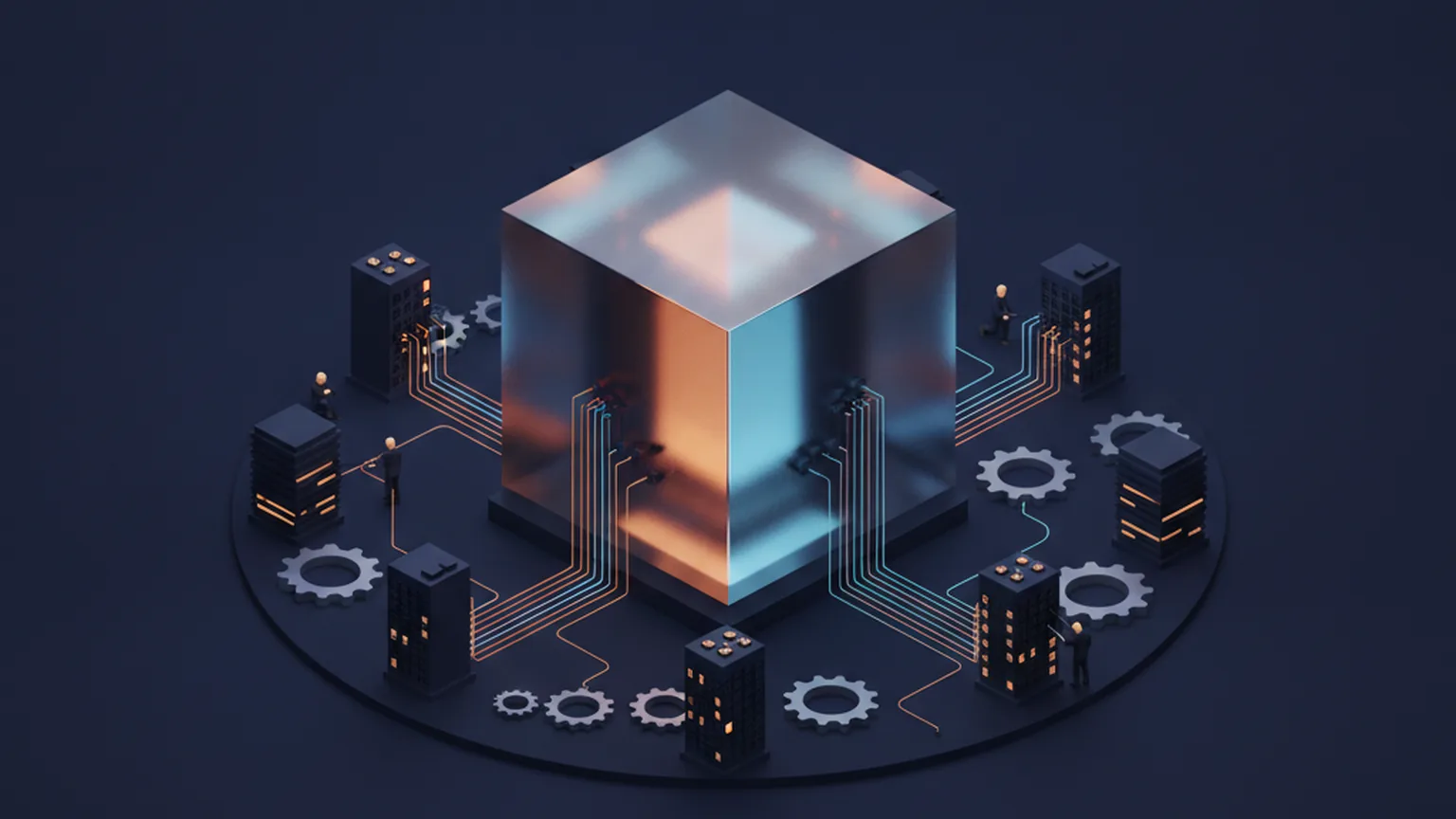 Isometric illustration of a glowing AI cube at the center of a ring of enterprise buildings and gears, connected by amber and blue light-track cables that small engineer figures are plugging in