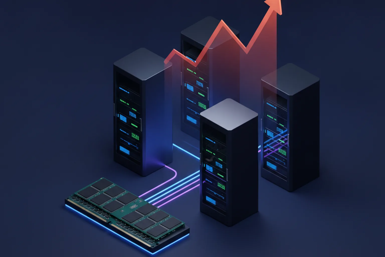 Isometric illustration of a server DRAM memory module connected to data-center racks with an upward-trending cost arrow on a dark navy background