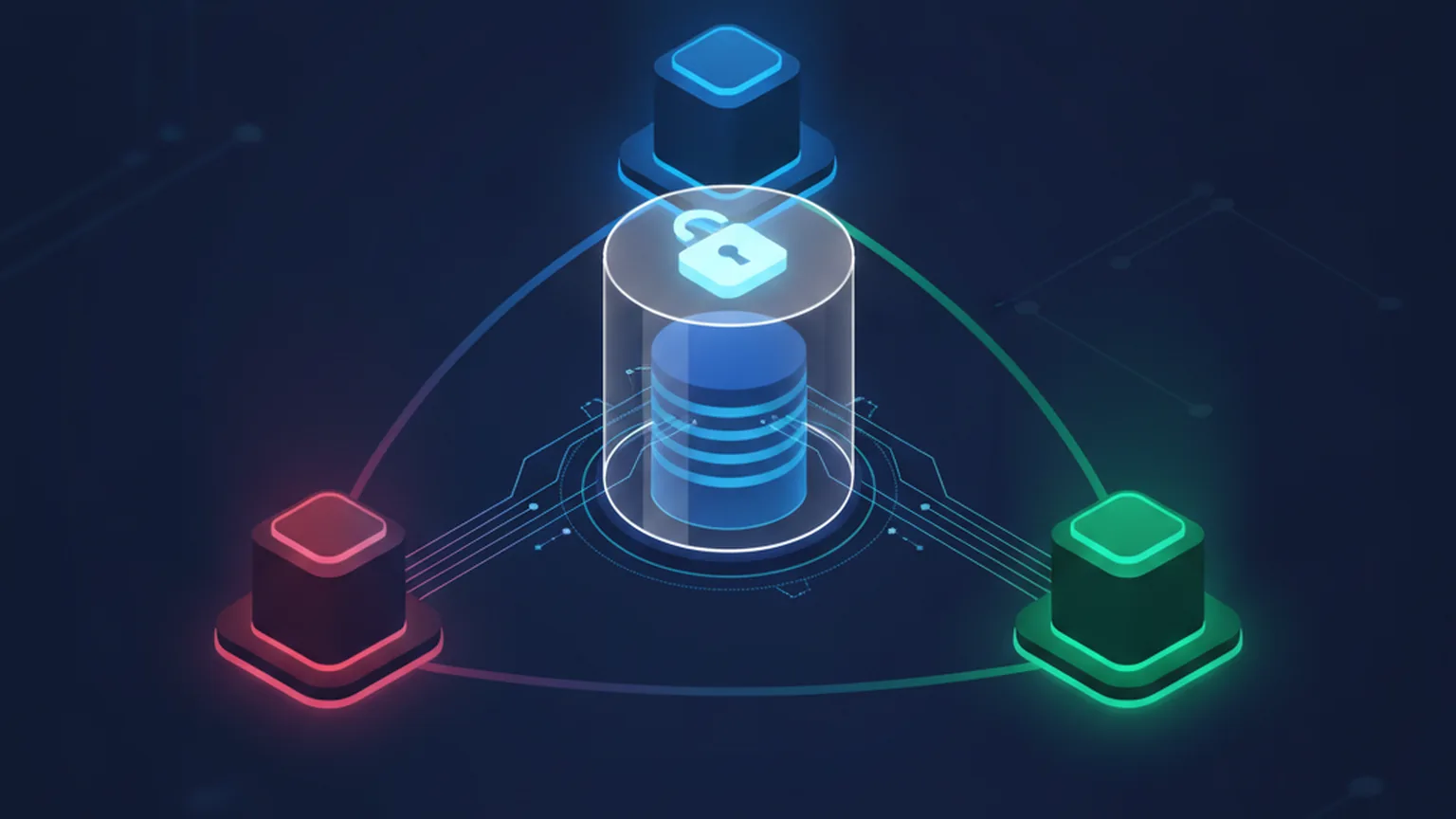 Isometric illustration of three glowing AI security agent nodes in red, blue and green connected by light beams around a padlocked software codebase on a deep navy background