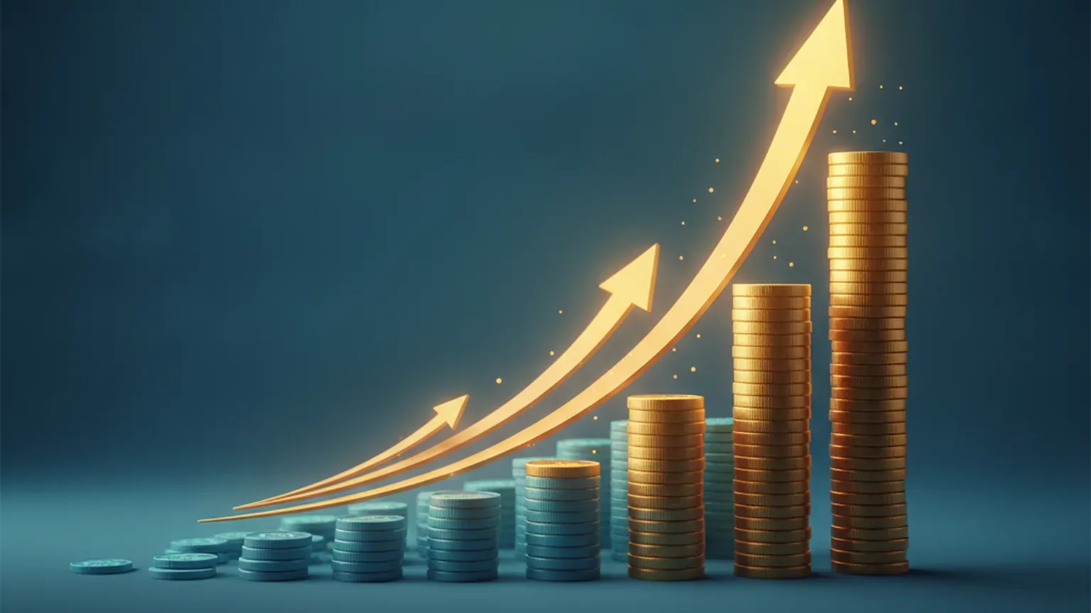 Rising bar chart made of stacked coins with glowing upward arrows, a few tall gold columns dwarfing many small ones, illustrating record but concentrated venture funding