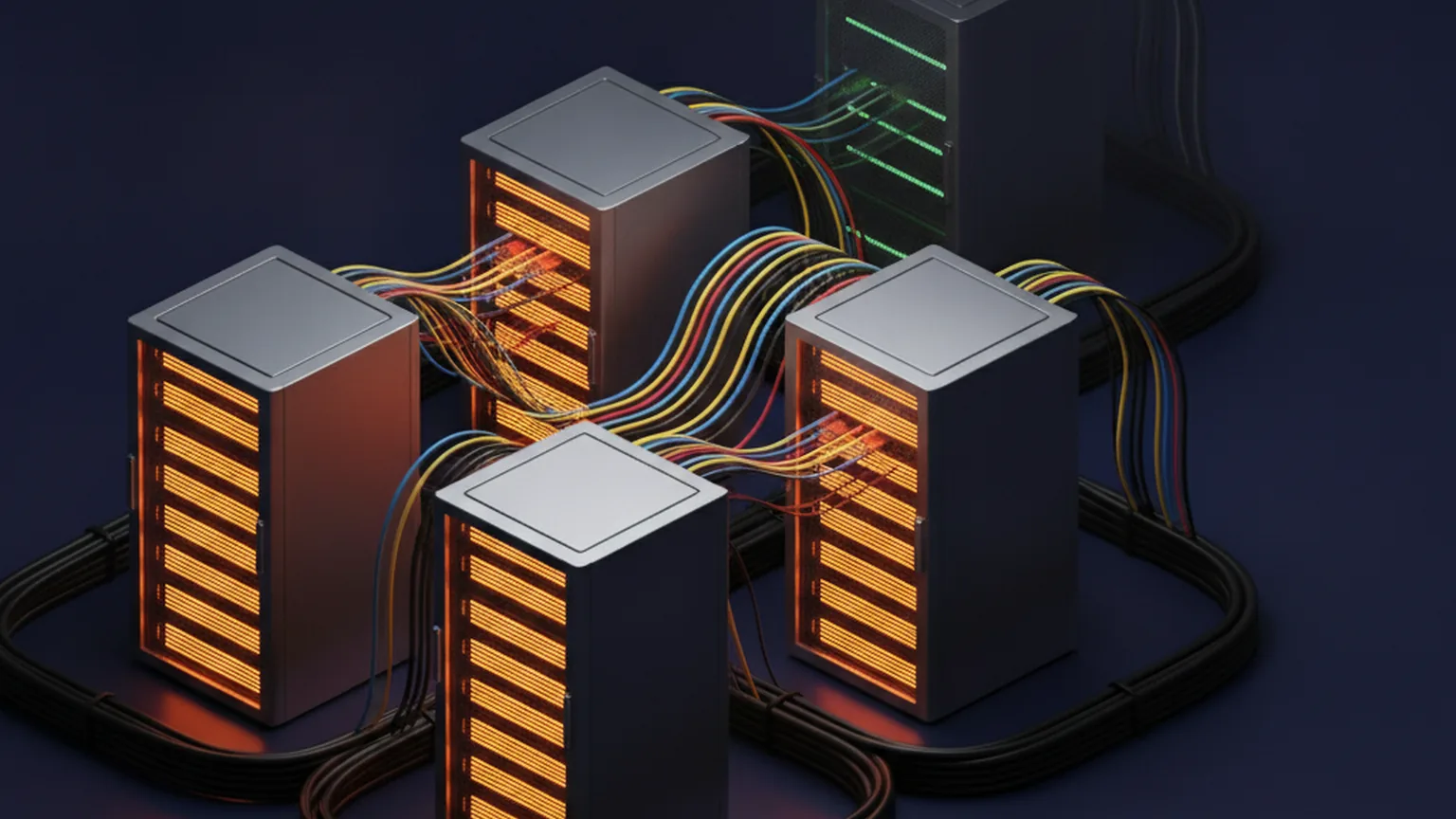 Isometric illustration of several glowing amber AI server racks linked by coloured network cables, overtaking a single dim green server tower in the background, on a deep navy background