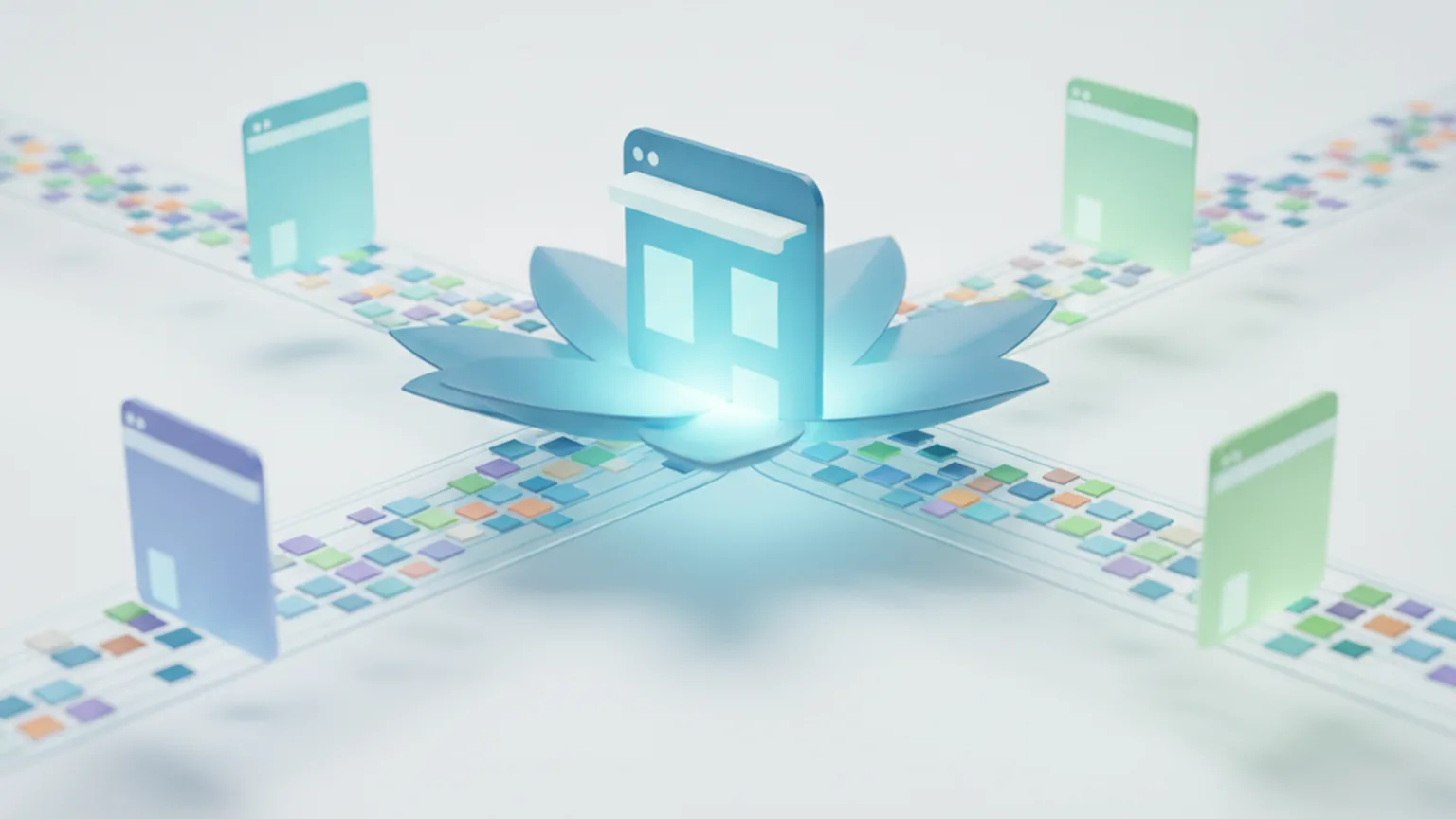 Illustration of a central app-store storefront branching along paths of colourful app tiles into several competing storefront windows, representing Android app distribution opening to rival app stores