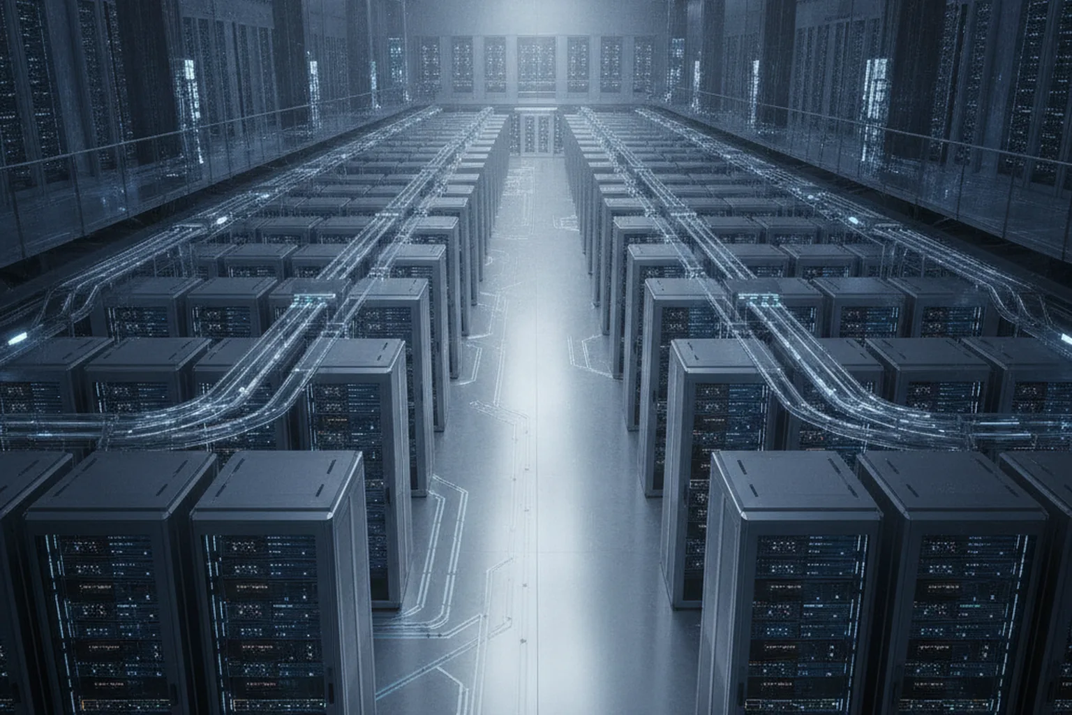 Rows of server racks in a large AI data center hall illuminated in deep blue light representing dedicated AI computing infrastructure