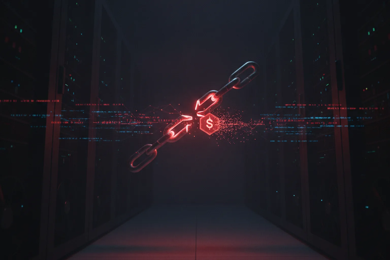 A broken chain link and a dissolving session token glowing red in a dark enterprise server room, representing a hijacked message-broker session
