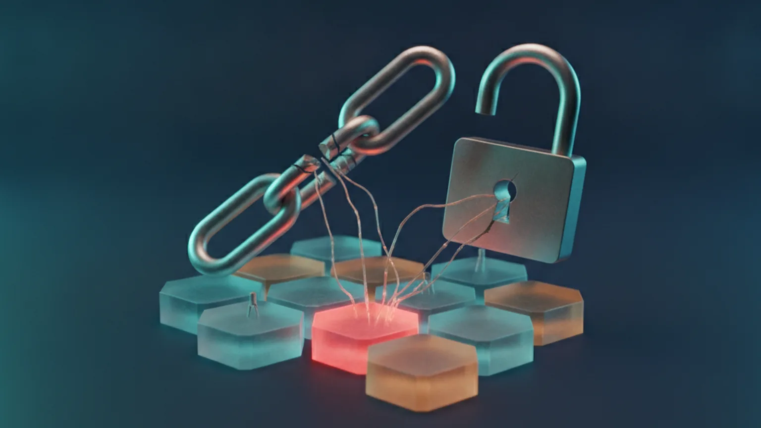 Abstract illustration of a broken chain link and an open padlock over a mesh of hexagonal cluster nodes, one node glowing red, representing an Argo CD Kubernetes cluster takeover
