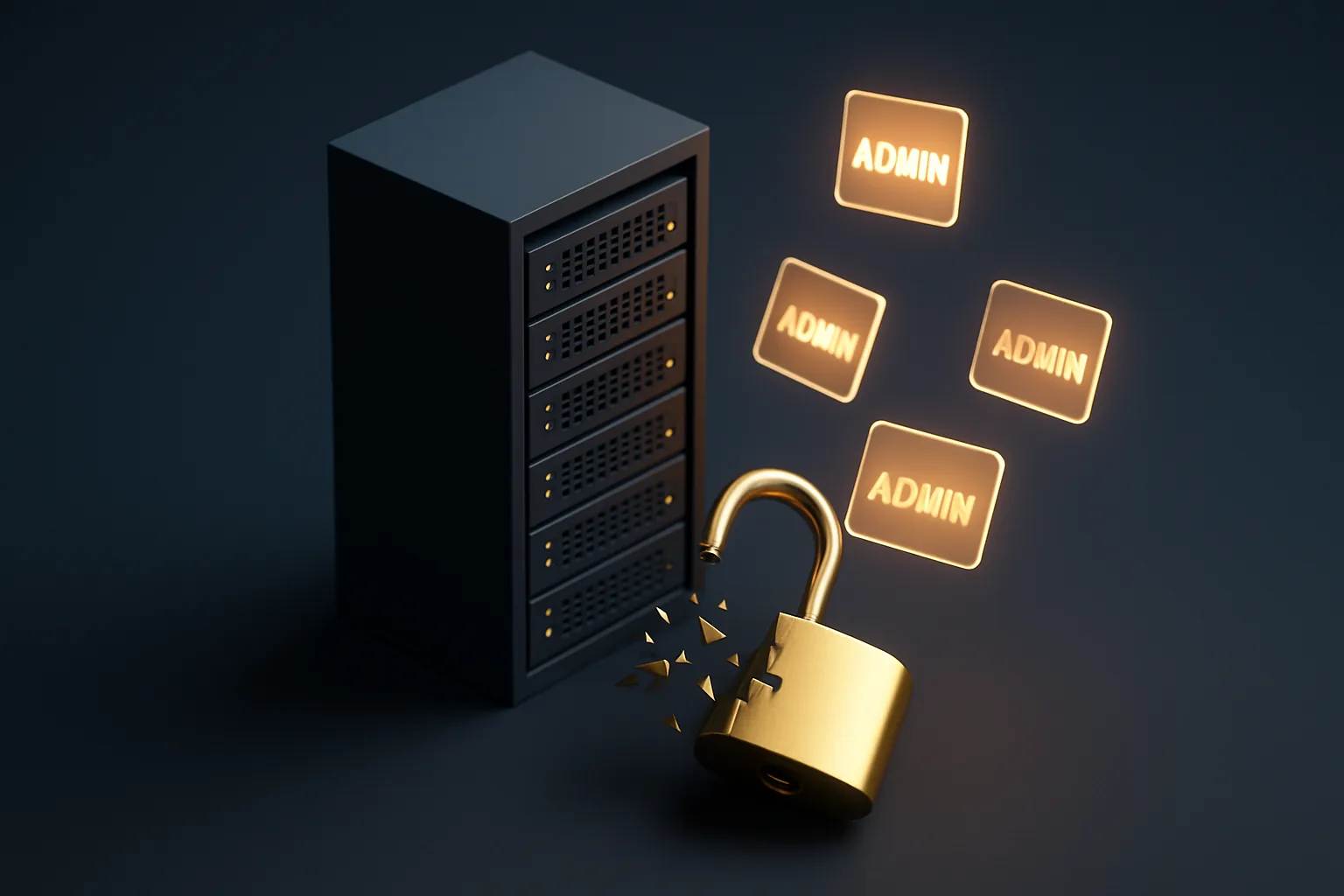 Isometric server rack with a shattered golden padlock and multiple glowing admin token cards floating upward on a dark navy background, representing unauthorized privilege escalation