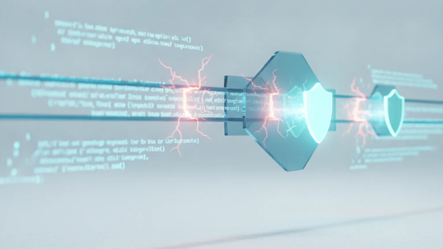 Glowing shield-shaped nodes sealing cracks in flowing streams of source code, illustrating an automated AI pipeline that assesses and patches software vulnerabilities