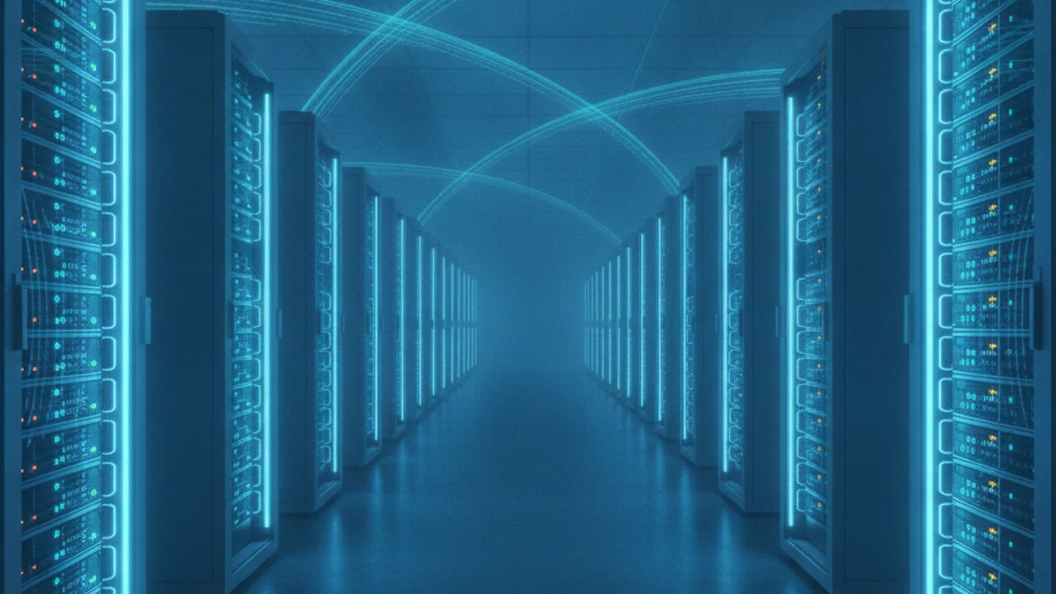 A long cloud data-centre hall at blue hour, rows of illuminated server racks receding to a vanishing point, some racks glowing brightly to show heavy utilisation and others dimmed, with faint data-flow light trails overhead