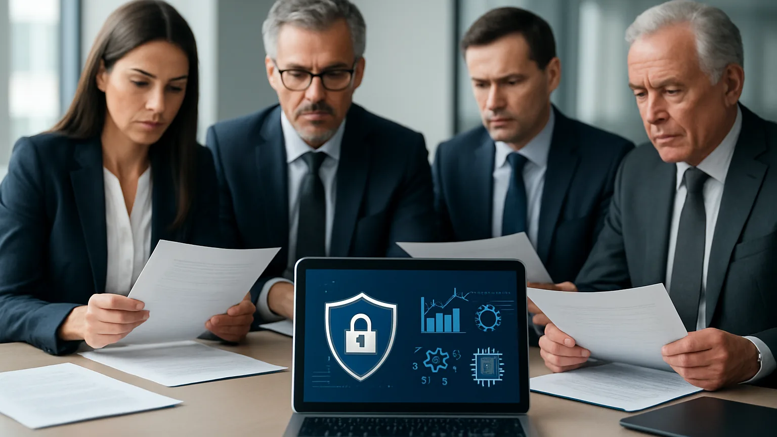 Dirigenti bancari che esaminano documenti di conformita' al rischio cyber con dashboard di sicurezza informatica su laptop, riunione di consiglio di amministrazione