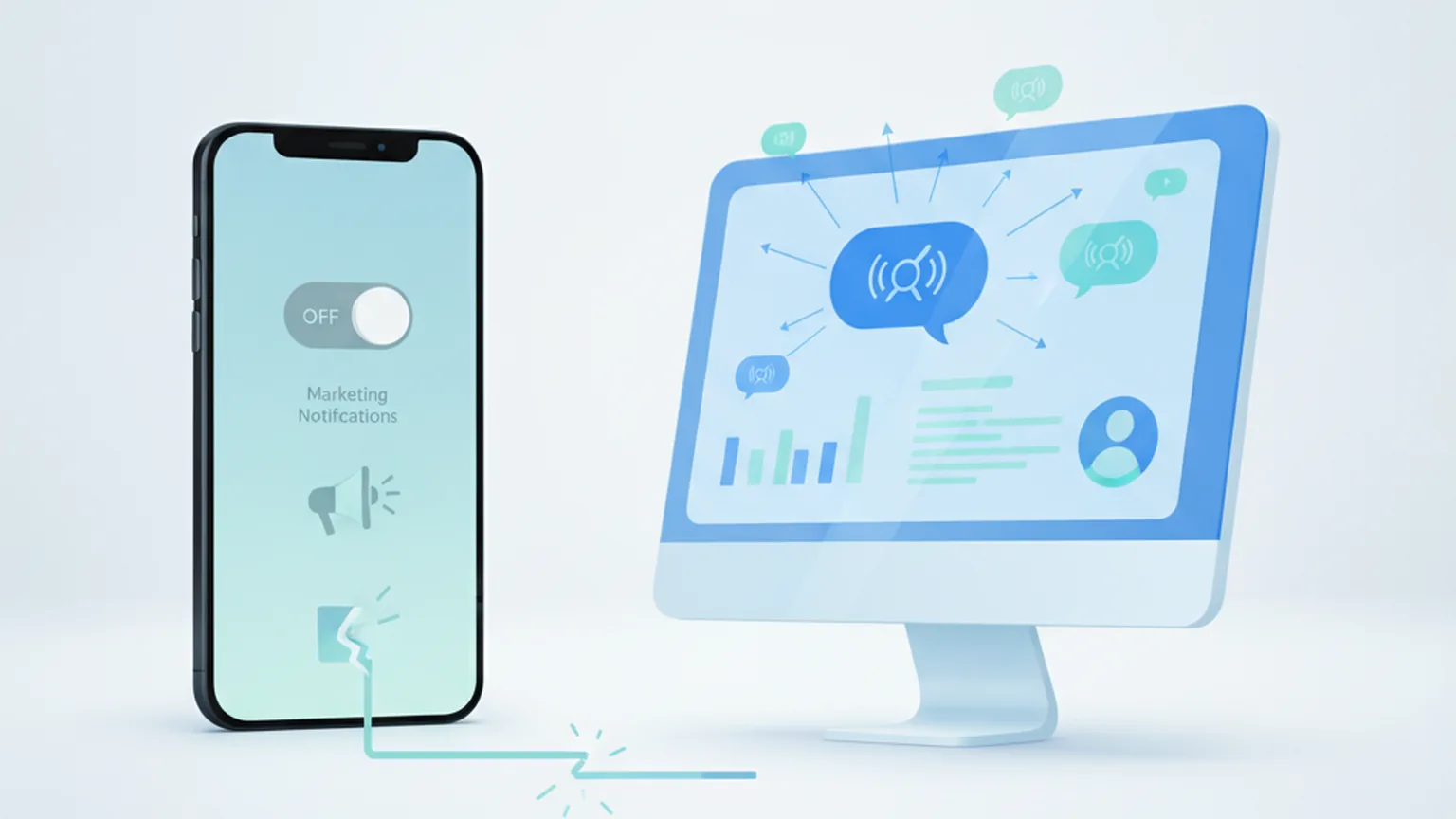 Uno smartphone con l'interruttore delle notifiche promozionali disattivato, collegato da una linea dati interrotta a una dashboard CRM che continua a inviare messaggi promozionali, a rappresentare la mancata sincronizzazione del consenso tra app e sistema aziendale