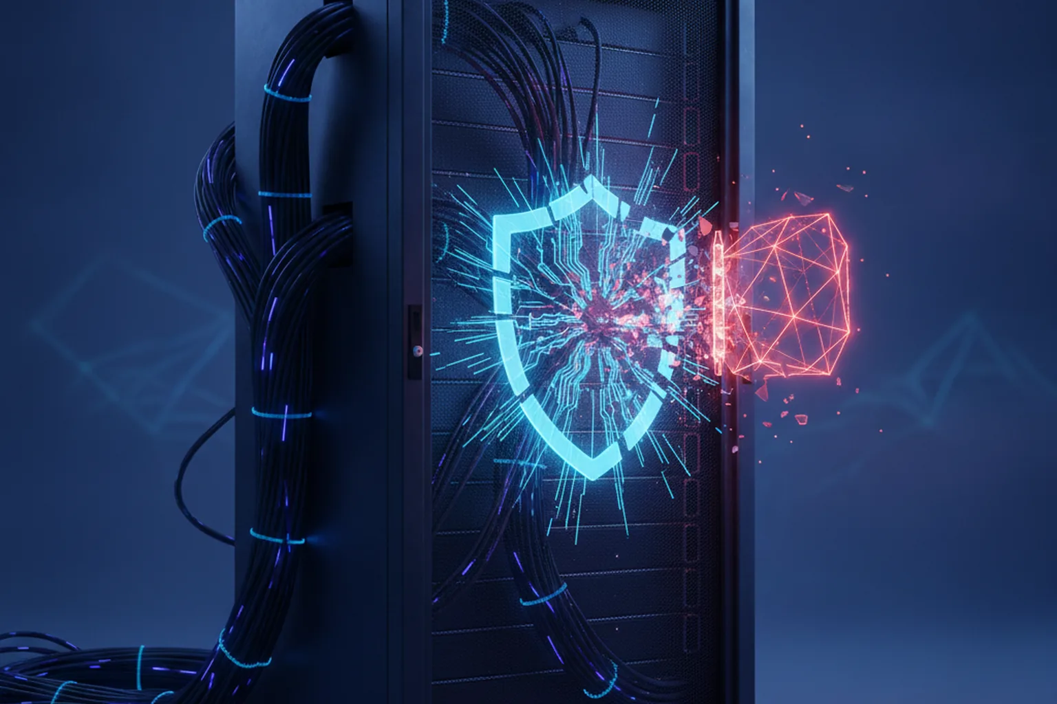 A hardened DNS server rack with a glowing shield fracturing as a single crafted network packet strikes it, illustrating an unauthenticated crash of the BIND 9 named service