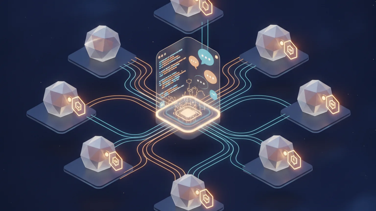 Isometric illustration of several autonomous AI agent nodes, each carrying a glowing cryptographic key badge, connected by amber and blue lines to a central shared chat-and-code panel on a deep navy background