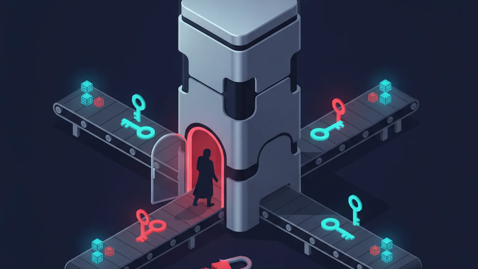 Isometric illustration of a server tower with a broken red padlock at an open archway, an intruder silhouette stepping inside while conveyor belts carry glowing keys and code blocks out of the server on a deep navy background