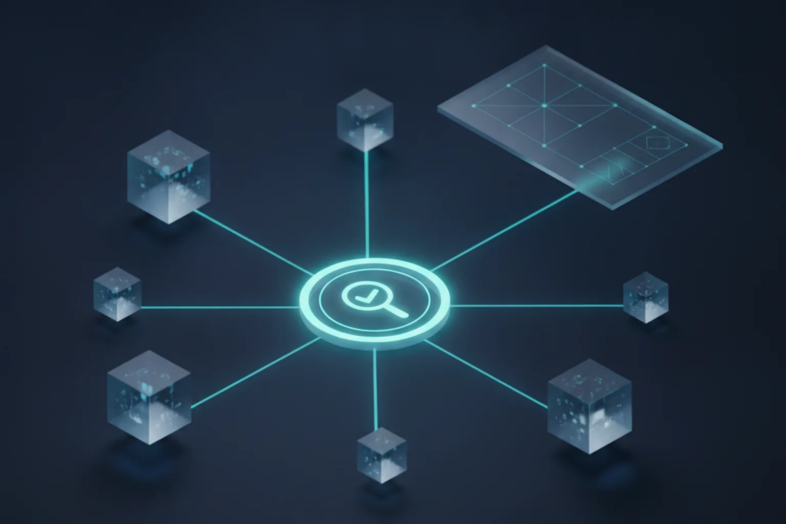 Isometric illustration of a glowing AI verification seal with a checkmark and magnifying glass linked by cyan lines to translucent AI-system cubes and a floating registry ledger panel on a dark navy background
