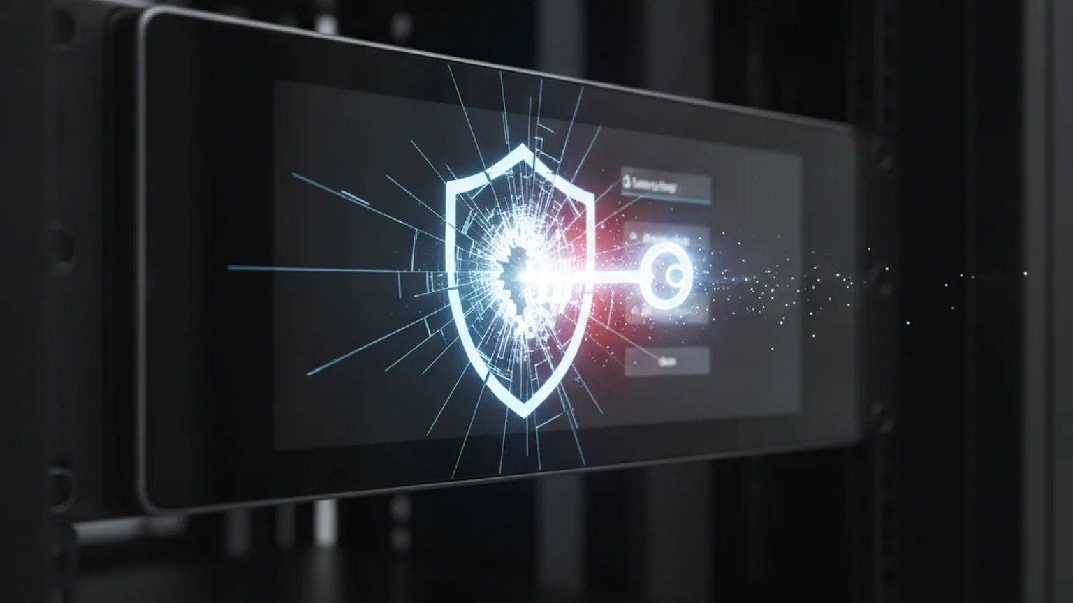 A network security management appliance in a dark data-center rack with a cracked login shield on its console screen and a glowing access token being pulled out, illustrating an authentication-bypass vulnerability