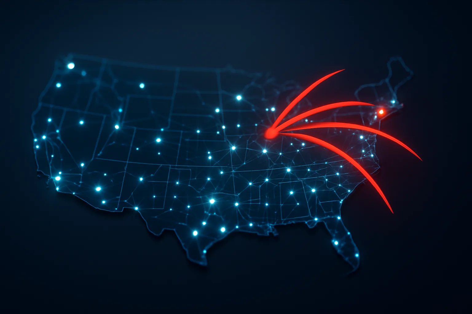 Digital map of the United States with glowing network nodes and red threat vectors representing a Chinese state-sponsored cyber operation targeting federal infrastructure